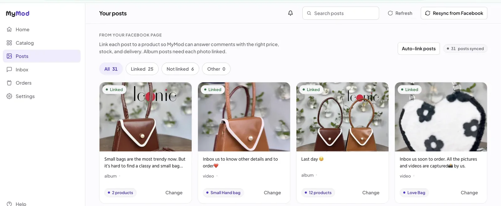 MyMod posts screen with Facebook posts auto-linked to catalog products
