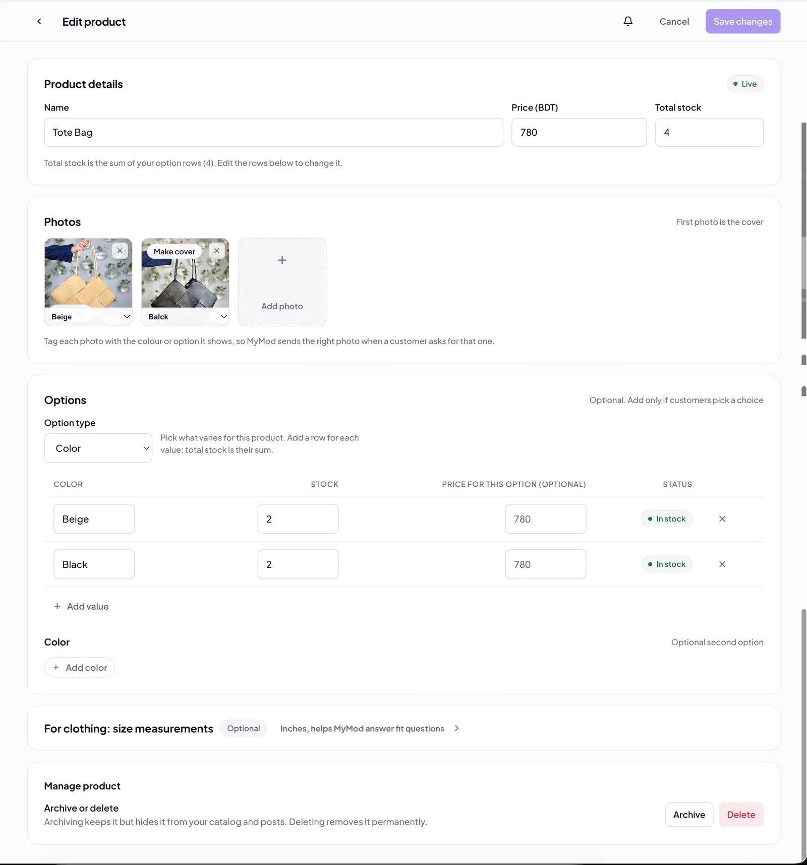 MyMod product editor with per-variant color, stock, price and photos tagged to each option