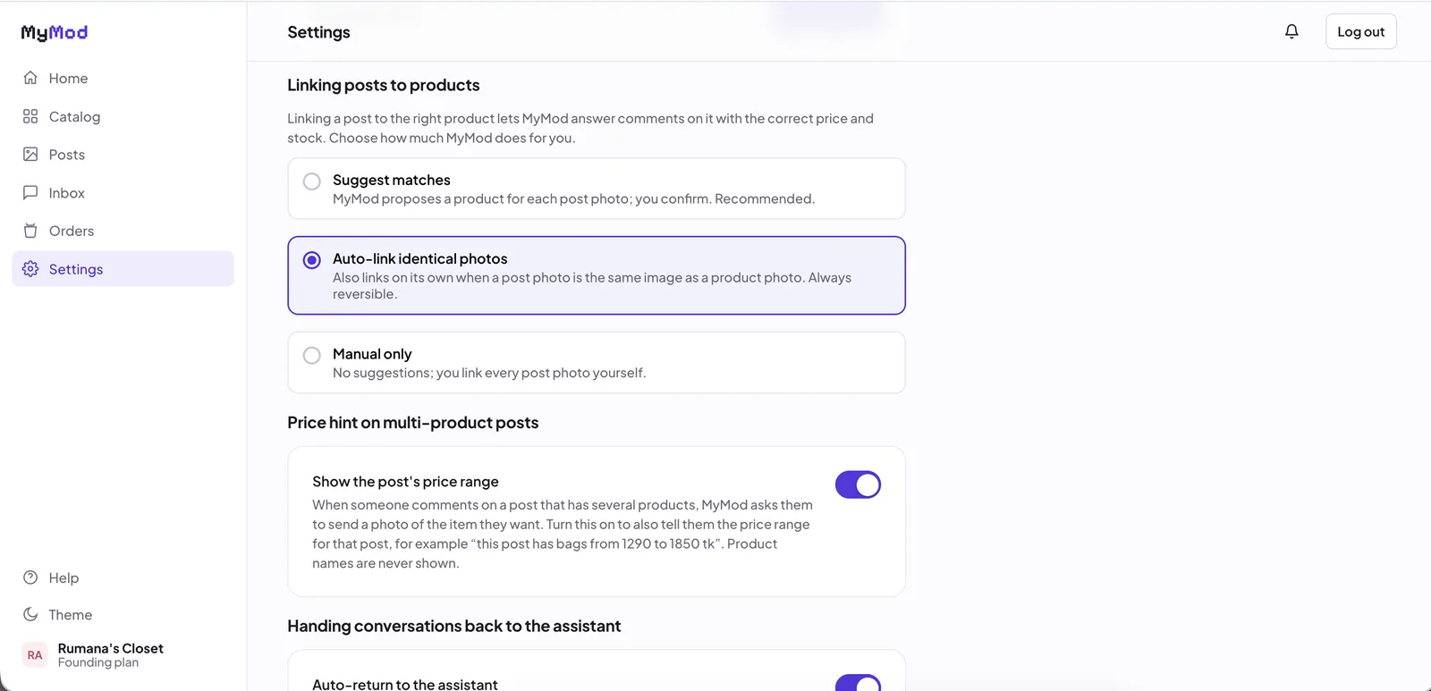 MyMod settings for auto-linking photos, price hints on multi-product posts and handing conversations back