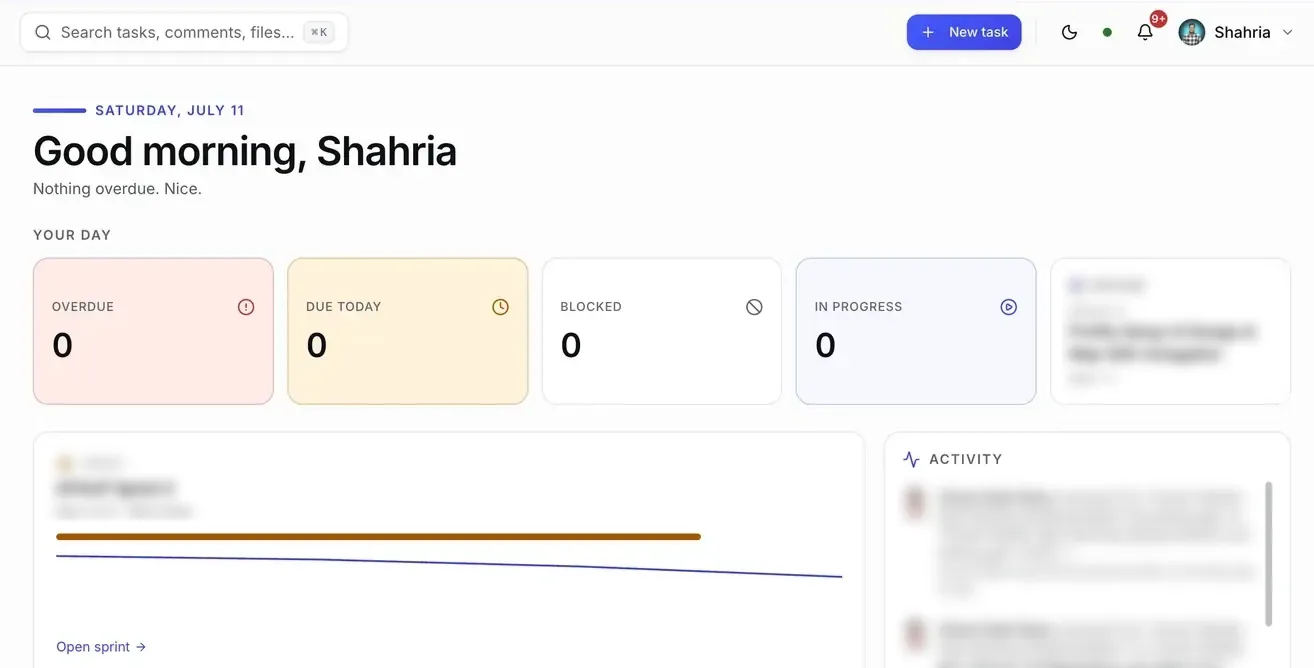 Scrumo dashboard showing daily overview, sprint health, team workload and a live activity feed
