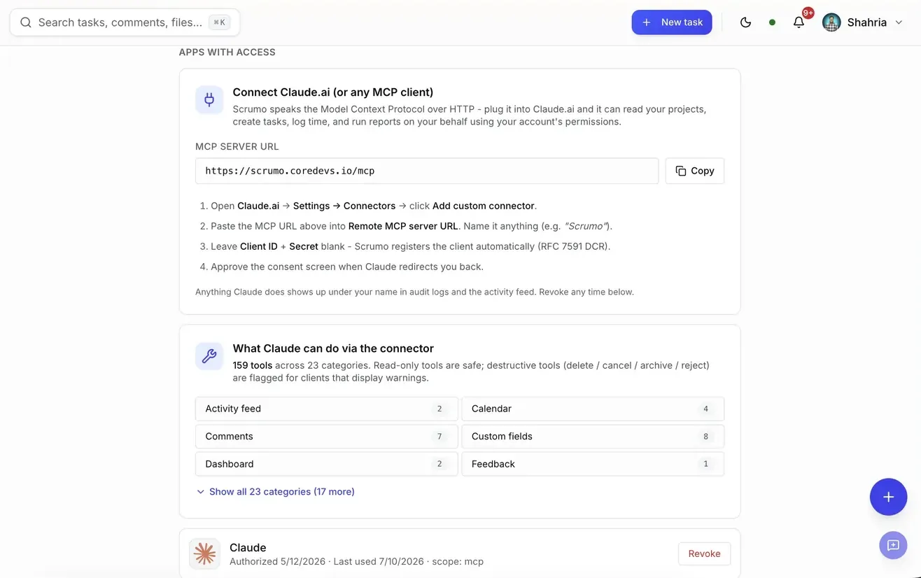 Scrumo connected apps page showing the built-in MCP server with 159 tools across 23 categories