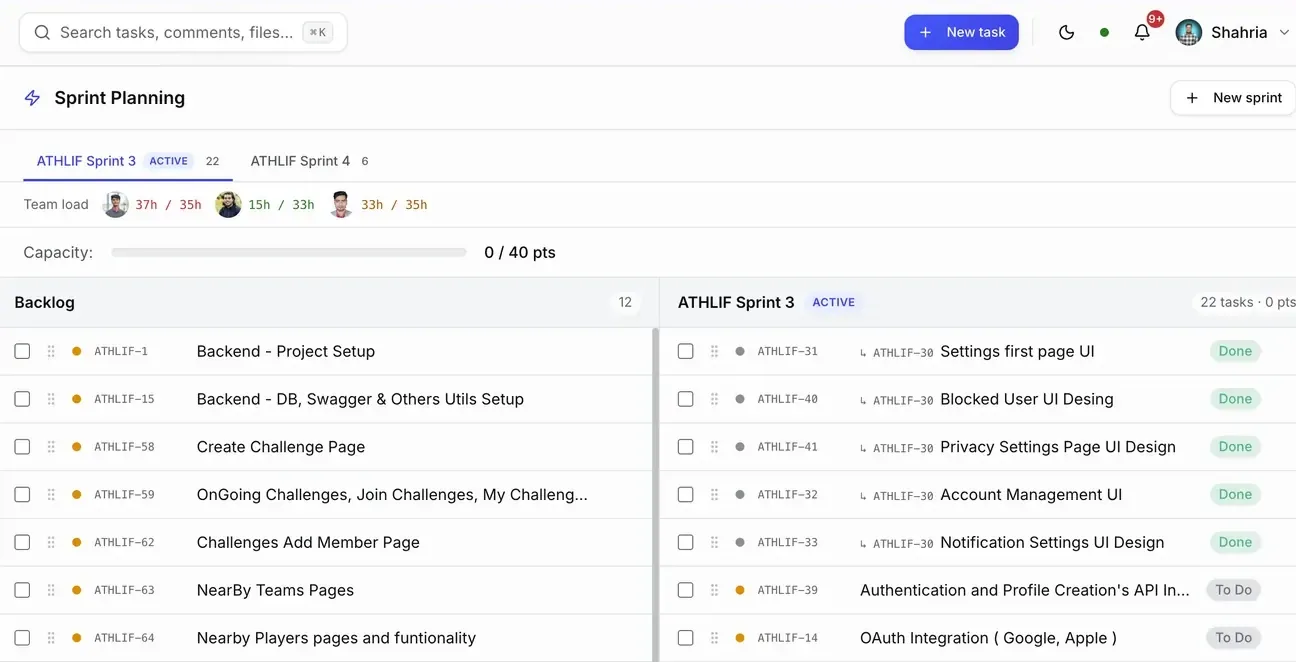 Scrumo sprint planning with backlog, nested subtasks and per-member team load