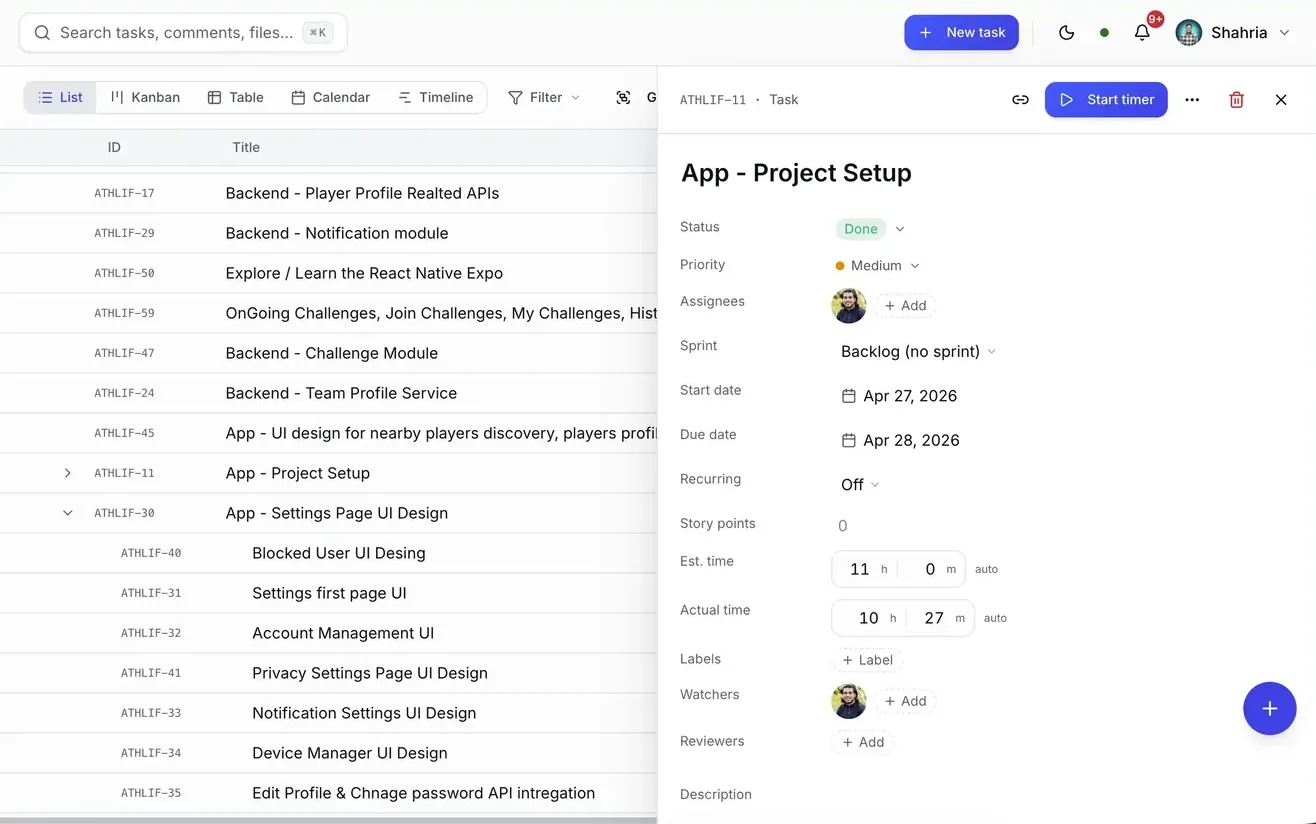 Scrumo task drawer with estimated versus actual time, sprint, dates and assignees