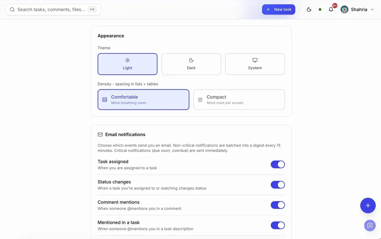 Scrumo appearance settings with light and dark themes and notification preferences